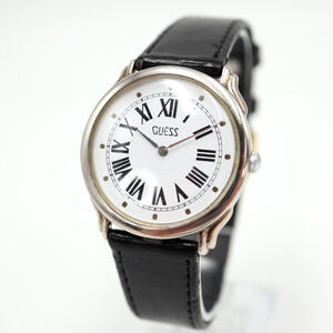 Vintage 1991 Guess Watch 34mm Round Roman Dial Dress Black Leather w New Battery